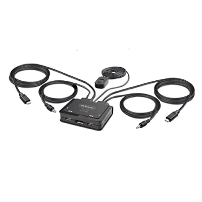 Immagine di StarTech.com KVM Switch USB C a 2 porte, uscita DisplayPort 4K 60Hz, compatto con cavi integrati Tipo C/Audio da 1,2 m, alimentato via cavo Commutazione remota/Hotkey (C2 D46 UC2 CBL KVM)