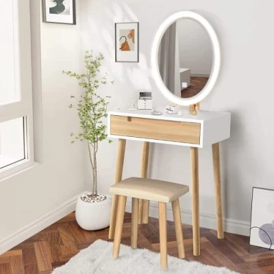 Immagine di YU YUSING Toeletta, Tavolo da Trucco con Luce LED Regolabile e Specchio Ovale, Toeletta Moderna Sgabello, 1 Cassetto, 3 Scomparti