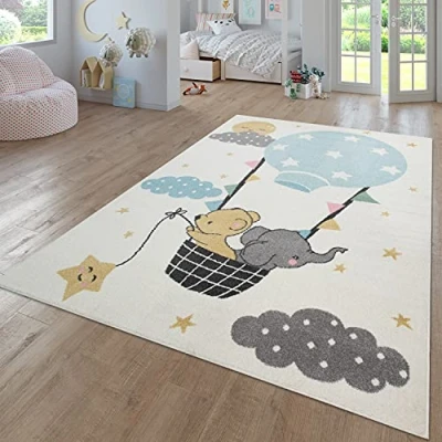 Immagine di TT Home Tappeto Bambini Cameretta Bambina Ragazzi Moderno Arcobaleno Nuvola Motivo Con Animale Colorato, Colore: Crema, Dimensione:200x280 cm