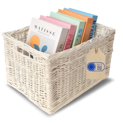 Immagine di Creative Home Cesto Vimini Bianco 40x30x24 cm Cestino Portaoggetti in con Maniglie Cestini Salvaspazio, Rettangolare, Intrecciato a Mano per Documenti Giocattoli, Contenitori Bagno