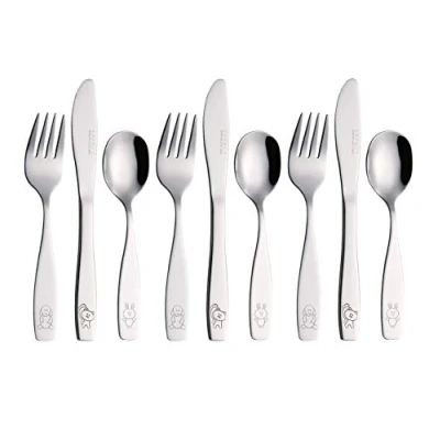 Immagine di EXZACT Posate per bambini 9 pezzi in acciaio inox/posate bimbi 3 x forchetta, coltelli, Cucchiai Cena (Cane Gatto Coniglio 9)