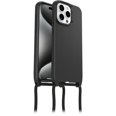 Immagine di OtterBox Cover React Necklace con MagSafe per iPhone 15 Pro Max, sottile, resistente a shock cordino collana, adattabile e intercambiabile, testata norme MIL STD 810G, Nero