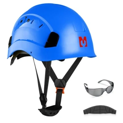 Immagine di Mustbau Casco di Sicurezza, Protettivo EN397 con Occhiali Antiappannamento, Fascia Regolabile da 53 a 63 cm, Materiale ABS Resistente Per Uomini Donne Blu