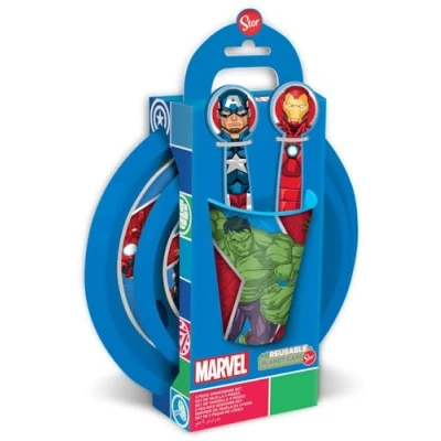 Immagine di Marvel Set Pappa 5 pezzi rosso e blu in plastica Avengers Hulk Iron Man Captain America Thor piatti bicchiere posate
