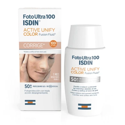 Immagine di ISDIN FotoUltra100 Active Unify Color SPF 50+ 50ml Schiarisce e uniforma la pelle Fotoprotettore con triplice azione depigmentante