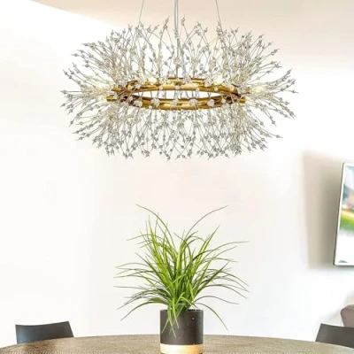 Immagine di lampadario in cristallo, moderno a forma di dente leone, 8 lampade con fuoco d&#039;artificio per soggiorno, sala da pranzo, isola della cucina, corridoio, lampadina G9