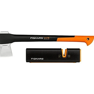 Immagine di Fiskars Set Ascia, Ascia da Spacco con Fodero per la Lama e il Trasporto, 60 cm, Rivestimento Antiaderente, X17 M, 1,53 kg; Affilalama Asce Coltelli Mola in Ceramica, Xsharp, 1020182