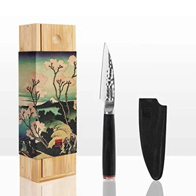 Immagine di KOTAI Spelucchino Coltello da frutta Lama 9 cm Martellato a mano e affilato Manico in legno di Pakka Acciaio inossidabile giapponese 440C ultra Codolo completamente nascosto