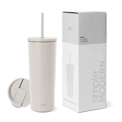 Immagine di Simple Modern Bicchiere Termico con Cannuccia e Coperchio,Bicchiere di Caffè Bottiglia D&#039;Acqua Riutilizzabile Acciaio Inossidabile Tazza per Viaggi,Classic Collezione,710ml,Almond Birch