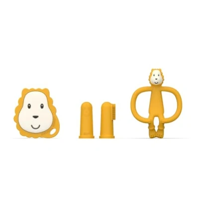 Immagine di Matchstick Monkey, Starter Set antimicrobico per dentizione 1 massaggiagengive piatto, animale, 2 spazzolini da denti in silicone, 3 mesi + Ludo Lion