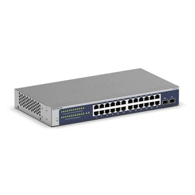 Immagine di Switch Smart Gigabit Ethernet a 24 porte NETGEAR (GS724T) Managed, 1 anno di gestione Insight cloud opzionale, con 2 SFP da 1G, montaggio su scrivania o rack e garanzia limitata vita