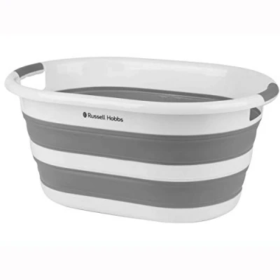 Immagine di Russell Hobbs LA053879WHTEU cesto per lavanderia pieghevole plastica, 27L, contenitore conservazione pieghevole, manici ergonomici, cestello lavaggio salvaspazio, bianco/grigio