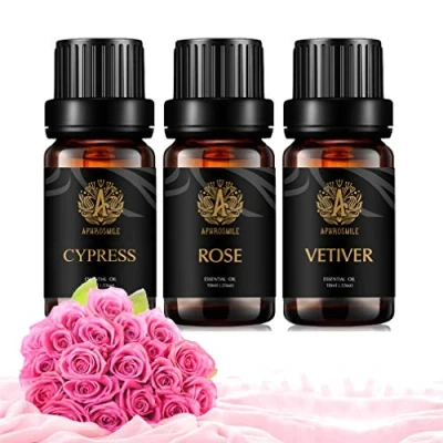 Immagine di Aromaterapia Vetiver Olio Essenziale Set per diffusore, 3X10ml 100% Pure Rose Essential Kit Oil for Candle &amp; Sapone Fare, terapeutico Grade Cypress Oli essenziali massaggio