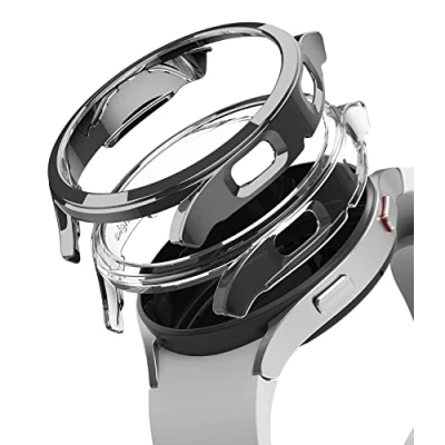 Immagine di Ringke Slim Compatibile con Cover Samsung Galaxy Watch 4 44mm (2 Pezzi) Custodia Sottile Rigida PC Antigraffio Clear &amp; Dark Chrome