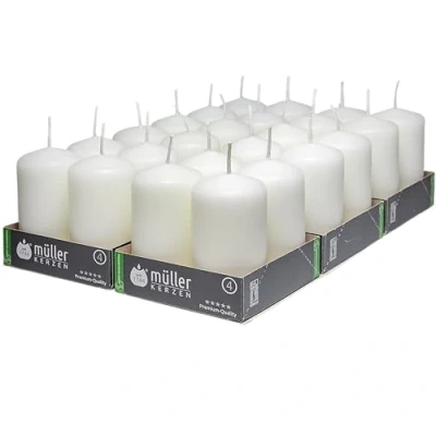 Immagine di Müller Candele Bianche a Colonna Cilindriche, Set di 24 Candele, dim. 48 x 90 mm, Colore Bianco, Lunga Durata 16 Ore, Cera Antigoccia, Inodore, Qualità RAL