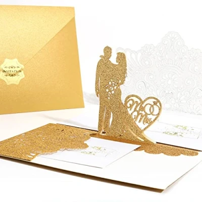 Immagine di Biglietto d&#039;auguri,3D Pop Up Matrimonio Carta, d&#039;auguri con Busta, Abbracciare Gli Sposi, per Valentine&#039;s Day e Auguri (oro)