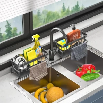 Immagine di OUYULAI Porta Spugne Lavello Cucina,Organizer Lavello,Vassoio da bagno,Porta spugna,Con Vassoio di Drenaggio Automatico Rack Stoccaggio Spugna Lavastoviglie, Grigio
