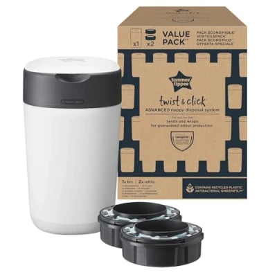 Immagine di Tommee Tippee Twist and Click Advanced Cestino per pannolini, confezione esclusiva con 2 ricariche, protezione garantita da odori e germi, grande capacità