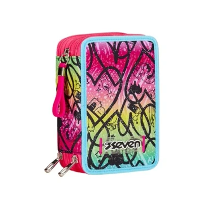 Immagine di Astuccio 3 Scomparti Seven, Rosa, Triplo Scomparto, Completo di Matite, Pennarelli, Colori, Accessori Zaino, Elementari, Medie, Superiori, Bambina e Ragazza