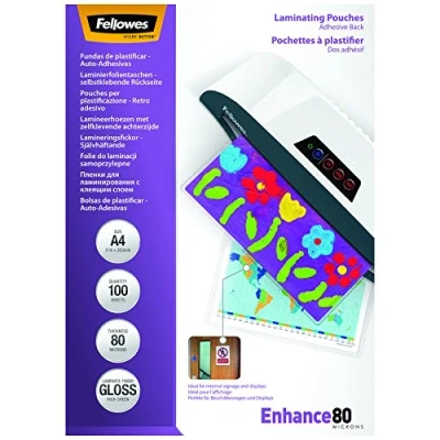 Immagine di Fellowes 5302202 Pouches Enhance80 con Retro Adesivo, Formato A4, 80 Micron, Confezione da 100 Pezzi
