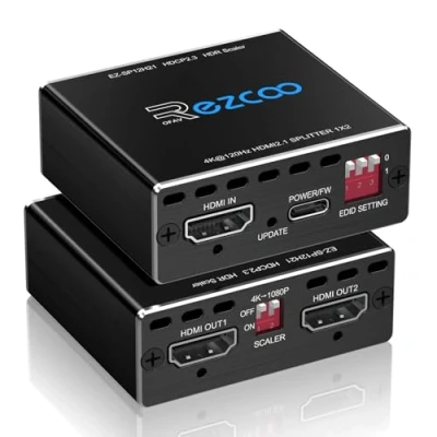 Immagine di 4K 120Hz HDMI 2.1 Splitter 8K 60Hz 1 Ingresso 2 Uscite VRR ALLM HDCP2.3 HDR10 8KUHD Dolby Vision Atmos Scaler EDID 1080P Dual Monitors Divisor 1X2 para PS5 SkyQ Xbox NVIDIA AMD