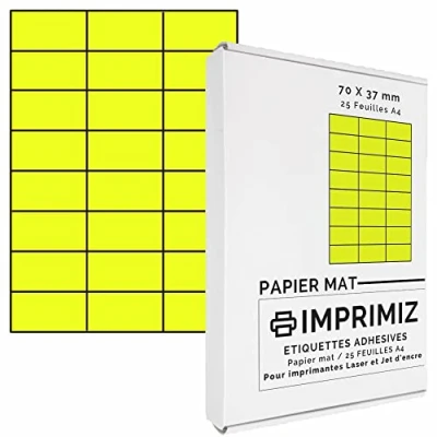 Immagine di Etichette Adesive multiuso A4 70 x 37 mm Colore fluo Giallo Opaco 600 / 25 fogli Per stampanti Laser/a getto d&#039;Inchiostro