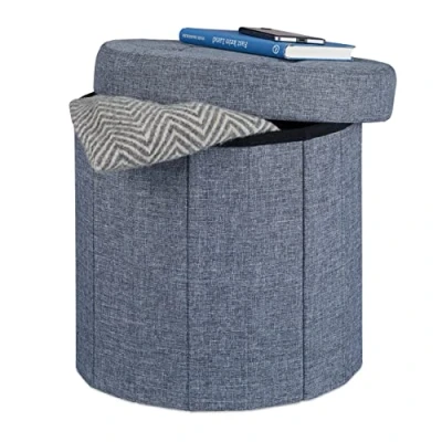 Immagine di Relaxdays Pouf Poggiapiedi Imbottito con Box Contenitore e Coperchio, Rotondo, Lino, Grigio Scuro, 38 cm