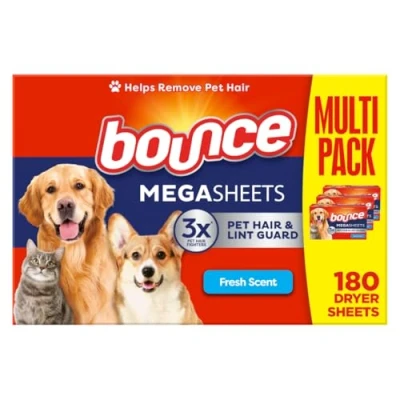Immagine di Bounce fogli per asciugare peli e pelucchi animali domestici, con 3 combattenti di profumo fresco, 180 pezzi, asciugacapelli, rimozione