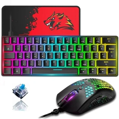 Immagine di ZIYOU LANG T60 Tastiera E Mouse Da Gioco Meccanica 60% [layout UK] Mini Ergonomica RGB Illuminata Di Tipo C A Nido D&#039;ape USB 12000 DPI Nero +Interruttore Blu
