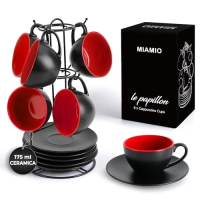 Immagine di MIAMIO 175 ml Set di 6 Tazze Cappuccino con Piattini/Tazza Cappuccino/Tazze da Tazzine Caffè Piattino Colazione Caffe Collezione Le Papillon (Rosso)