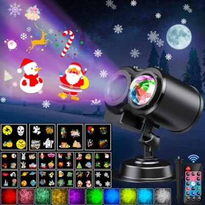 Immagine di YAZAKY Proiettore Luci Natale per Interno Esterno, Lampada LED con 16 Diapositive e 10 Colori, Impermeabile IP65 Decorazioni Festa Halloween