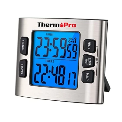 Immagine di ThermoPro TM02 Timer da cucina digitale con doppio cronometro per conto alla rovescia magnetico allarme regolabile e retroilluminazione LCD a grandi cifre/24 ore bambini insegnanti