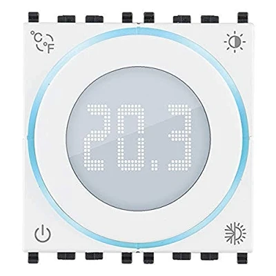 Immagine di VIMAR 02970.B Termostato a rotella ON/OFF, retroilluminazione LED, alimentazione 100 240 V, 2 moduli. Compatibile con Eikon, Arké, Plana, per Idea supporto dedicato, Bianco