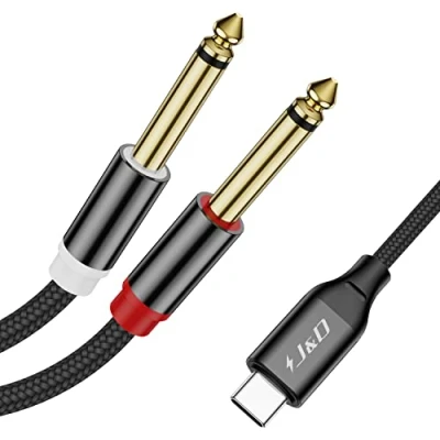 Immagine di J&amp;D cavo audio splitter stereo a Y da USB C doppio 6,35 mm 1/4 pollici, tipo TS pollici per iPhone serie 15, smartphone tablet laptop amplificatore, 2 m