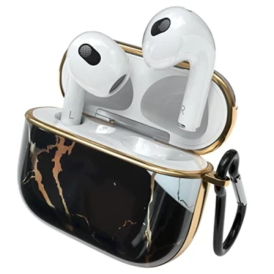 Immagine di EAZY CASE custodia protettiva per AirPods 3 nera rigida antiurto con moschettone adatto come portachiavi antigraffio antiscivolo Airpod di 3a generazione in marmo nero