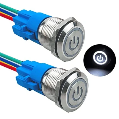Immagine di Aiqeer 2 Pezzi 19 mm Interruttore a Pulsante Autobloccante, 12V / 24V 5A di Accensione per Auto, in Metallo con Presa Precablata (LED Bianco)