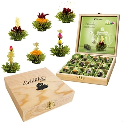 Immagine di Set regalo di Creano Fior Tè in una Scatola legno, verde, 12 fiori con 6 Tipi diversi, sbocciati