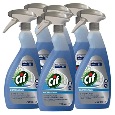 Immagine di 6x Cif Professional Vetri &amp; Multiuso Spray Pulitore Detergente Pro Formula Multisuperficie Pulito Brillante Senza Aloni 6 Flaconi da 750ml ciascuno