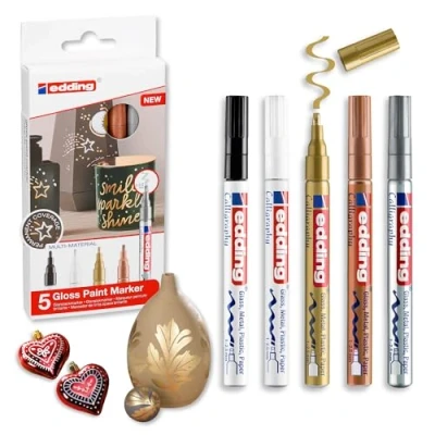 Immagine di edding 753 Pennarelli Indelebili per Calligrafia a Vernice Lucida, Multicolore, 5 Pennarelli, Punta Calligrafica 1 2,5 Mm, Impermeabile, Altamente Coprente, Scrapbooking, Scrittura Mano