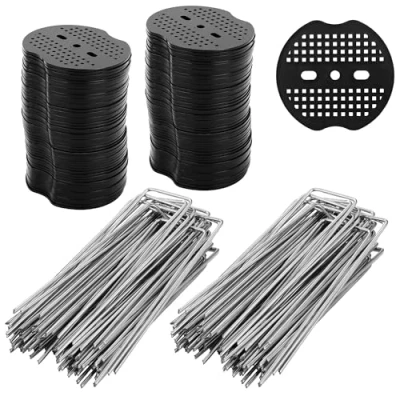 Immagine di BUCOMTU 100 Pezzi Picchetti Telo Pacciamatura con Rondelle,Antiruggine Giardino a U in Acciaio per Pacciamatura,Giardino Erba Artificiale,Fissaggio delle condutture 150x4mm Ø 2.5m