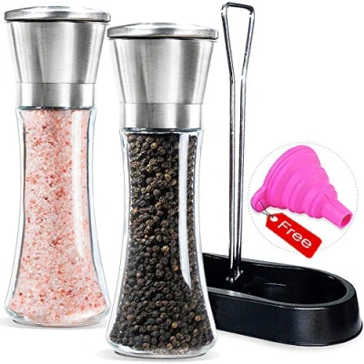 Immagine di Macina Sale e Pepe con Supporto, Set Aale in Acciaio Inossidabile, Ceramica 5 Livelli Regolabili di Precisione Imbuto, Confezione da 2 Macinapepe