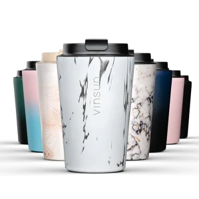 Immagine di VINSUN Tazza Termica da Viaggio 350ml Thermo per Caffè e Tè caldo freddo Bicchiere Termico in Acciaio Inox a Doppia Parete Coperchio con Beccuccio, Chiusura Ermetica, Senza BPA