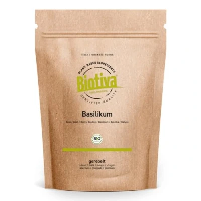 Immagine di Basilico strofinato organico 100g lat. Ocimum basilicum per condire piatti mediterranei controllato e certificato in Germania Biotiva