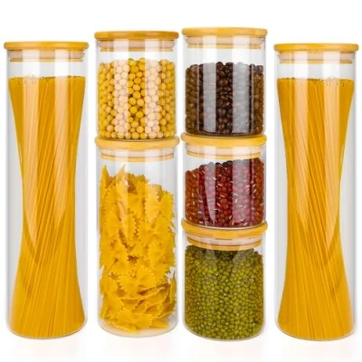 Immagine di Otauoaea Barattoli di Vetro con Coperchio, Set 7 Cucina in Coperchio Bambù,Contenitore Pasta Grande(1 * 400ml, 3 500ml,1 900ml, 2 1400ml)