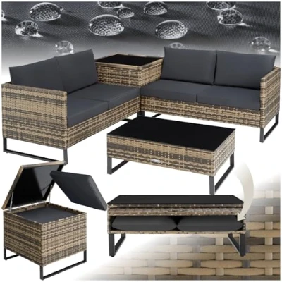 Immagine di TecTake® Salottino in Rattan Ostuni, Set da Giardino con 2 Sofà e 1 Tavolo Lastra Vetro, Box Contenitore, Cuscini Spessi, Telaio Acciaio, Intreccio Polyrattan Naturale
