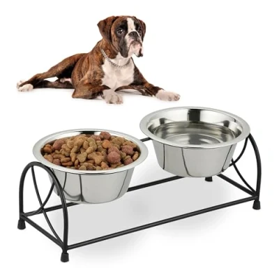 Immagine di Relaxdays Set Ciotole Rialzate per Cani, Alzatina con 2 Scodelle in Acciaio Inox, 1 Litro, Supporto Ferro, Nero Argento