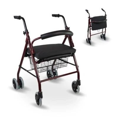 Immagine di Mobiclinic, Deambulatore con Cuscino in memory foam, Prado Plus Freni a pressione, Alluminio, Pieghevole, Cesta, Seduta, per deambulatore, Girello anziani, Leggero, 4 ruote, Bordeaux