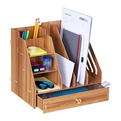 Immagine di Relaxdays Organizer da Scrivania, 3 Cassetti, Ripiani, 2 Portapenne, 1 Cassetto, Ufficio e Scuola, DIY, MDF, Marrone