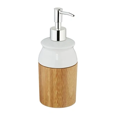 Immagine di Relaxdays, Naturale Dispenser di Sapone, Ricaricabile con Testa a Pressione, in bambù &amp; Ceramica, Bagno, 225 ml, Bianco, plastica, 20,5 x 7,5 cm