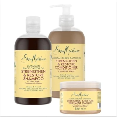 Immagine di SheaMoisture set Olio di ricino nero giamaicano per la cura dei capelli Shampoo 1x 384 ml, Balsamo Maschera 355 ml